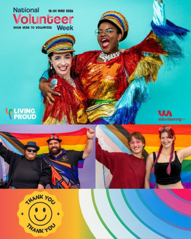 This National Volunteer Week 2026, we celebrate the incredible volunteers who are the heart of Living Proud 🌈

Our roots began as a volunteer-led service, and today we continue to grow our amazing volunteer community across many areas of the organisation. 

From our QLife volunteers completing ASIST training this weekend, to volunteers supporting Pride events and helping around the office — your dedication, compassion and hard work make a real difference every day.

Thank you to every volunteer past and present, who helps create safer, more connected and inclusive communities for LGBTIQA+SB people across WA 💛

Interested in volunteering with us? 
Contact volunteerco@livingproud.org.au to find out more!