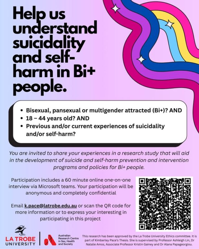 RESEARCH PARTICIPATION OPPORTUNITY
Understanding Suicidality and Self Harm in Bi+ People

This important PhD research is part of the Australian Research Centre in Sex, Health and Society (ARCSHS) at La Trobe University in Melbourne. It seeks to understand the lived experience of bisexual, pansexual and multigender attracted individuals (Bi+ people) and how social connectedness to the self and others may be a protective or risk factor for suicide and self-harm.
 
Are you:
- 18 – 44 years old?
- Identify as Bi+ (bisexual, pansexual or multigender attracted)?
- Live in Australia?
- Have experienced suicide or self-harm thoughts and behaviours?

Want to be involved? Contact k.pace@latrobe.edu.au or scan the QR code for information.

🩷💜🩵